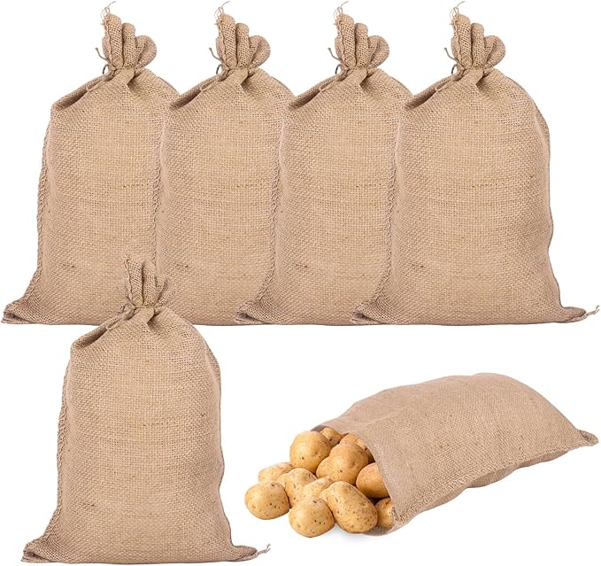 Klmnop 6 Pack Natural Burlap Bags with Drawstring, 16x24 Inch Reusable Jute Potato Sacks with Rope for Potatoes, Onions, Vegetables, Plants, and Large Gift Packaging