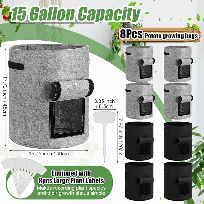 8 Pcs 15 Gallon Potato Grow Bags Garden Planting Bag Vegetable Grow Bags with Flap and Handle Thickened Nonwoven Fabric Pots Thick Fabric Garden Containers for Potato Tomato Vegetables