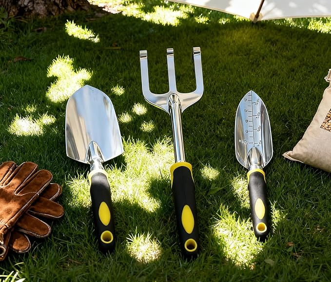 Garden Tool Set, 3 Pack Aluminum Heavy Duty, Hand Trowel, Transplant Trowel, Cultivator Hand Rake, Yellow, Manual, Soft Rubberized Non-Slip Ergonomic Handle