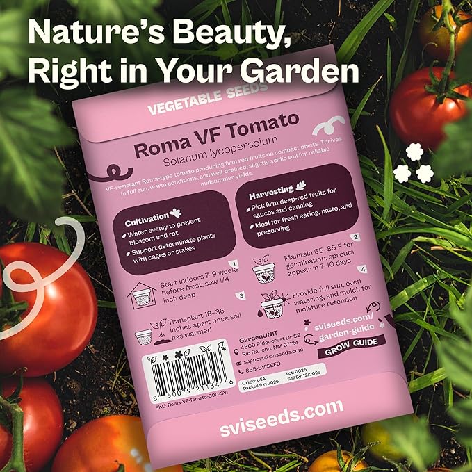 SVI 300 VF Roma Tomato Seeds (Solanum lycoperscium) – Italian Plum Tomato Paste Seed Packets, Determinate Roma Tomatoes – Non GMO Heirloom Vegetable Seeds for Gardens, Raised Beds, Containers