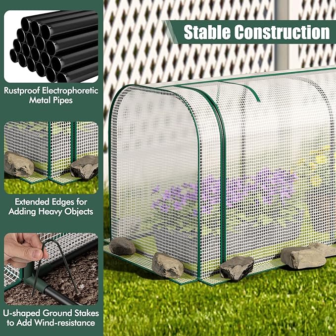 Happygrill Raised Garden Bed with Greenhouse Cover, Raised Bed with Legs & Drainage Holes for Herbs, Vegetables, Outdoor Wood Elevated Planter Box for Patio, Backyard, Balcony (White+Natural)