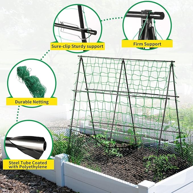Lalahoni Cucumber Trellis, 4ft x 4ft Metal A-Frame Garden Trellis Climbing Plant Outdoor Support Fruit Grape Vine Vegetable Tomato Pea Bean Cucumber Trellis Raised Bed, with Netting, Black