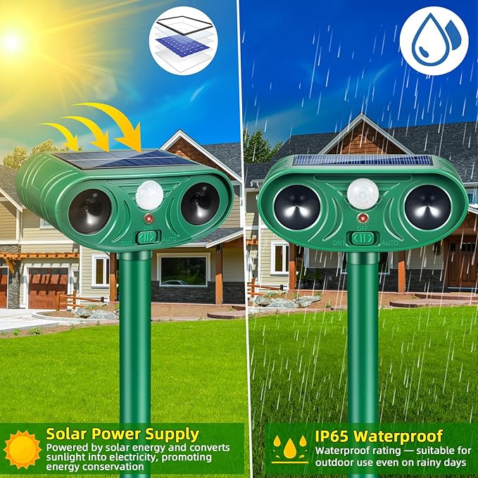 2026 Solar Animal Repellent Outdoor&Cat Repellent Outdoor with Motion Deer Repellent Devices Ultrasonic Cat Deterrent Fox Raccoon Squirrel Rabbit Coyote Deterrent for Farm Orchard Garden 2 PCS