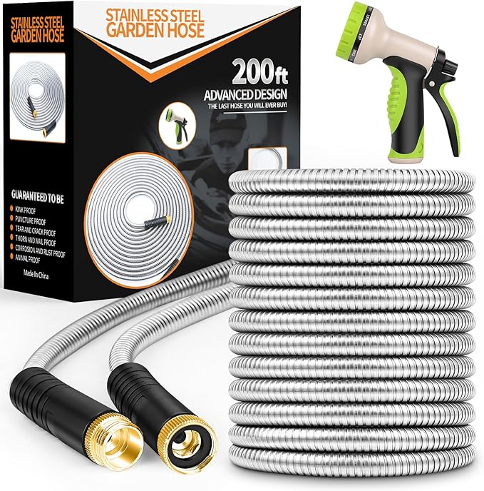 Garden Hose 200ft, Stainless Steel Heavy Duty Water Hose with 10 Function Nozzle Flexible, Lightweight, No-Kink, Pet Proof, Puncture Proof Metal Hose for Yard, Outdoor