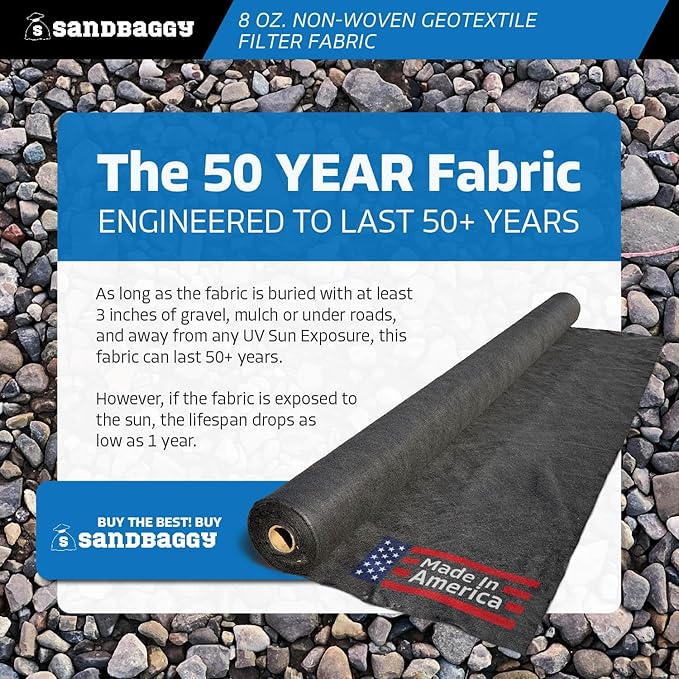 Sandbaggy Non Woven 8 oz Geotextile Landscape Fabric | Made in America | 50 Year UV Protected Industrial Grade Fabric | 205 Lbs Tensile Strength | DOT Approved (15 ft x 50 ft Roll)