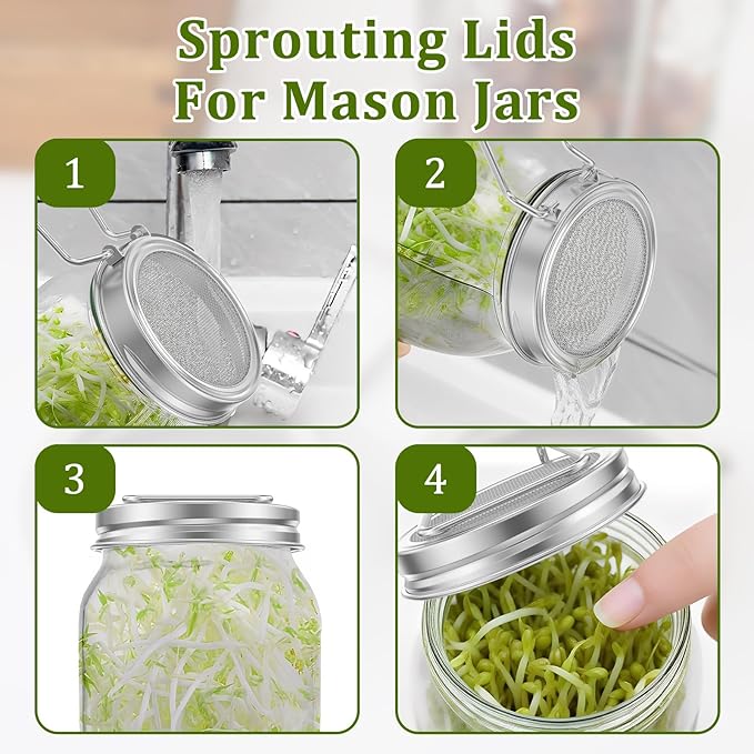 2Pcs Sprouting Lids for Wide Mouth Mason Jars, Reusable Stainless Steel Screen Bean Sprouting Jar Lids, Sprout Growing Lid for Organic Alfalfa Broccoli Seeds Mung Bean, Plant Germination Kits