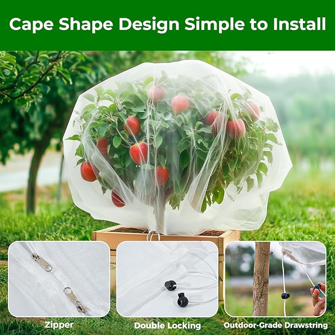 Fruit Tree Netting with 2-Way Zipper & Drawstring - 6.4Ft x 6.4Ft Garden Plant Net Pest Barrier to Prevent Cicadas Bird Squirrel Deer - Bug Protection for Blueberry Tomato with Fine Mesh Insect Cover