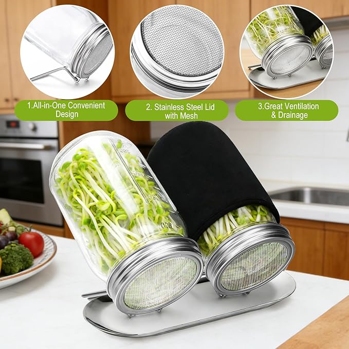 Palksky Sprouting Lids for Wide Mouth Mason Jars, 6Pack Reusable Stainless Steel Screen Bean Sprouts Growing Lid for Organic Alfalfa Broccoli Seeds Mung Bean Plant Germination Kits