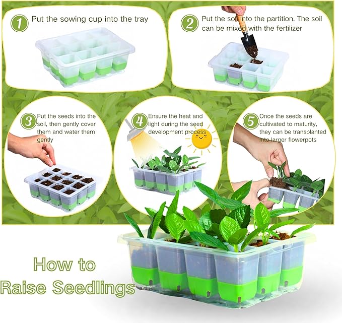 Seed Starter Tray,5-Pack Reusable Silicone Seed Starter Tray with 5 Base Trays,Foldable Design for Easy Transplanting,Indoor Gardening Supplies for Vegetables, Flowers & Herbs,60 Cells Total