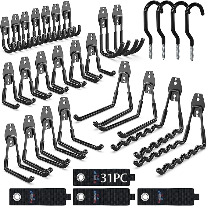 3-H Garage Wall Hooks Heavy Duty 31 Pack, Anti-Slip Steel Wall Mount Storage Hooks for Hanging Ladder Garden Yard Tools, Utility Organizer for Garage Lawn Shed (Black)