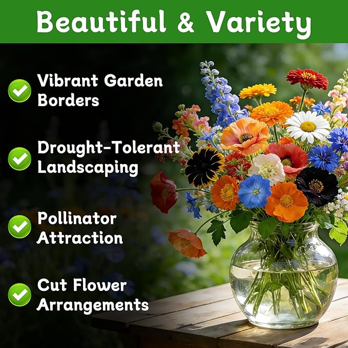 LUOJIBIE Wildflower Seeds Bulk, 20,000+ Flowers Seeds for Planting Outdoor, 16 Varieties Annual & Perennial Flowers Seeds Mix Color for Garden, 4 Oz Packet, Non-GMO, Attracts Pollinators, Easy to Grow