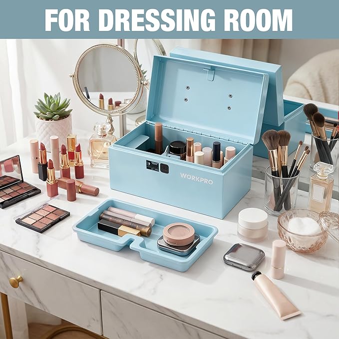WORKPRO 10.8" Portable Mini Metal Tool Box with Removable Color-Matching Tray, One-Button Latch Toolbox, Steel Tool Chest with PP Handle, Compact Storage Organizer for Home, Office or Workshop