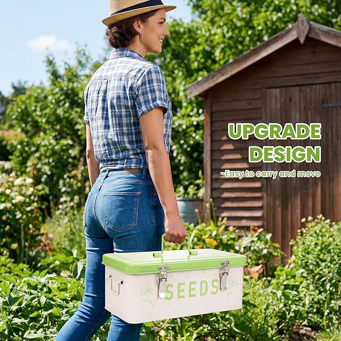 Seed Storage Organizer with Lid, Metal Seed Bin Seed Packet Container with 100 Plant Labels 50 Seed Envelopes 50 Plant Clips 1 Marker Pen, 4 Compartments Box with Locks (Fruit green)
