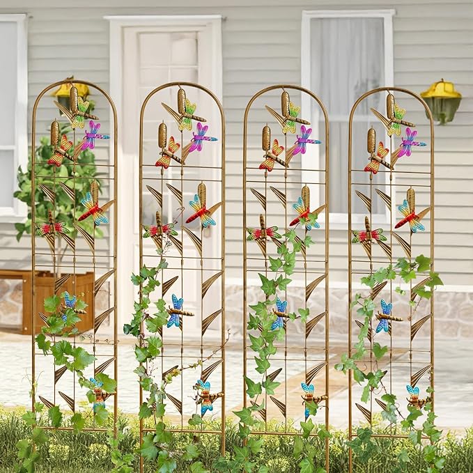 4 Pack Metal Garden Trellis with Colorful Dragonfly Outdoor Decoration Arched Fence Trellis for Climbing Plants for Patio, Backyard