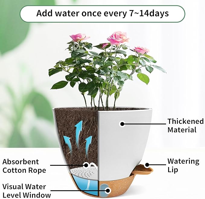 MNKXL 12"/10"/9"/8" Self Watering Pots with Visual Water Window,Extra Large Self Watering Plant Pots with Drainage Holes & Saucers,White Planters for Indoor Plants,4-Pack