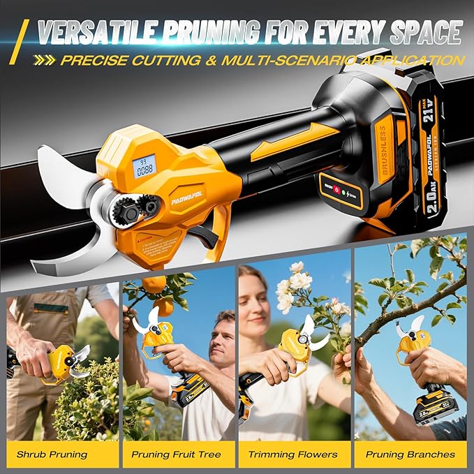 1.6"/ 41mm Electric Pruning Shears, Cordless Electric Scissors LCD Display＆SK7 Blades, 21V Brushless Motor Branch Cutter with 2 PCS Rechargeable 2000mAh Batteries & 2 Blades (Yellow)