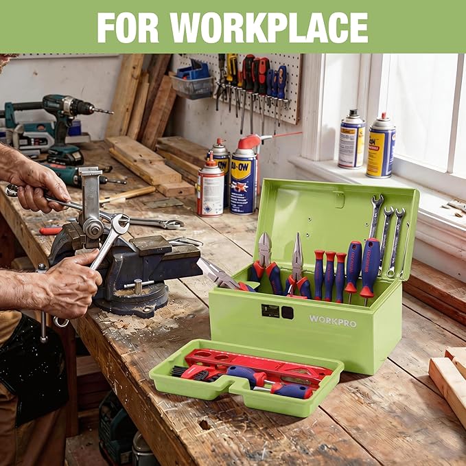 WORKPRO 10.8" Portable Mini Metal Tool Box with Removable Color-Matching Tray, One-Button Latch Toolbox, Steel Tool Chest with PP Handle, Compact Storage Organizer for Home, Office or Workshop