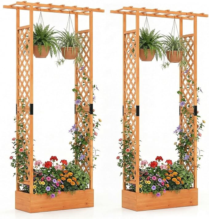 Giantex Wooden Raised Garden Bed with Trellis & Hanging Roof, 2 Pack Fir Wood Planter Box, 89” Freestanding Elevated Garden Bed for Outdoor Climbing Plants Vegetables Flowers, Patio & Balcony, Orange