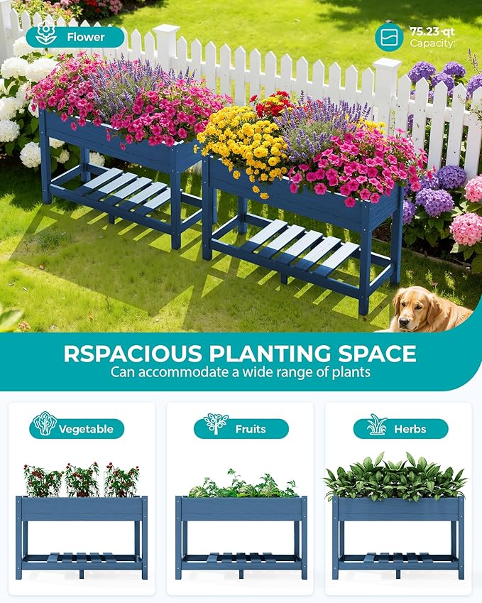 SERWALL Raised Garden Bed with Legs Set of 2, 43"×17"×30" Large HDPE Elevated Planter Box for Vegetables Flower Herb Patio, All Weather Use- Blue
