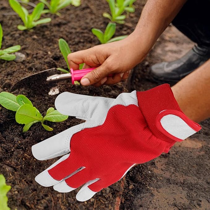 BESPORTBLE Thorn Proof Gardening Gloves for Men and Women, Small Breathable Work Gloves with Puncture Resistance and Wear-resistant Red Leather Palm for Outdoor Lawn Care