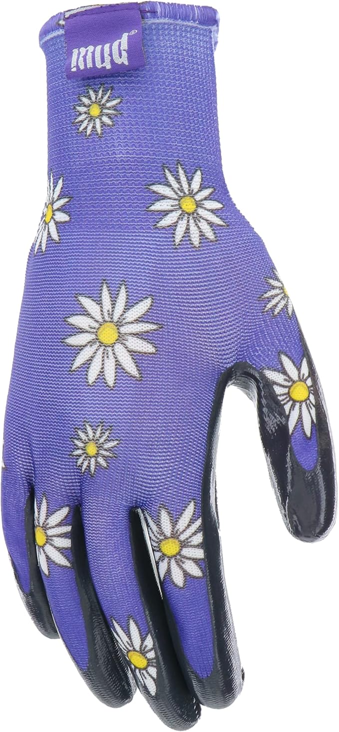 Mud Grip Women's Daisy Printed Polyester Shell and Flat Nitrile Coated Palm Gardening Gloves,