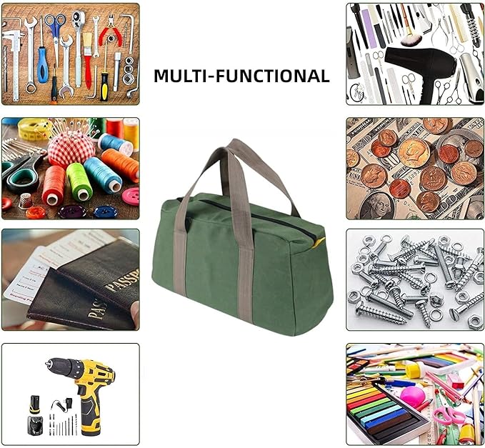 12 Inch Wide Mouth Tool Bag, Heavy Duty Canvas Tool Storage Bag for Men, Large Capacity Tool Tote Bag for Electricians, Power Tool Organizer Pouch