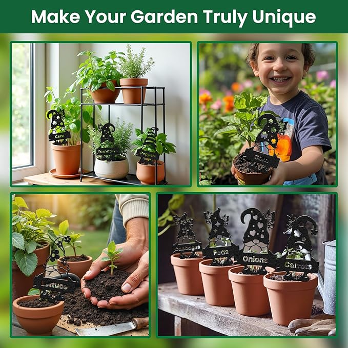 CUTHOLLOW 8PCS Metal Plant Markers Stakes Gnome with Vegetable for Outdoor Indoor, 3.5"x7" Waterproof Cute Garden Plant Labels Signs Tags for Farmhouse Greenhouse Decor - Funny Gardening Gifts