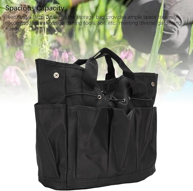 Garden Tool Organizer, Heavy Duty Oxford Cloth with Multiple Pockets Garden Tool Caddy, Storage Bag with Elastic Straps and Rainproof Design for Men and Women (Black)