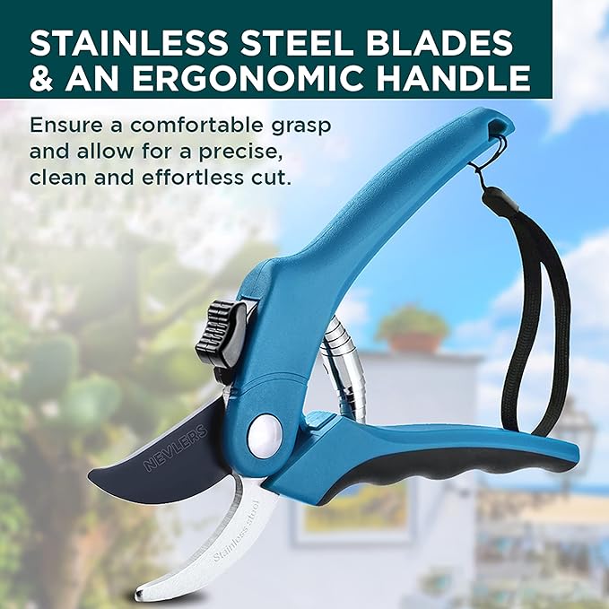 Nevlers 8" Blue Bypass Pruning Shears Heavy Duty | Ergonomic Plant Shears & Floral Scissors w/Steel Blades & Safe Lock | 8mm Cut Garden Clippers Handheld Pruning Scissors for Flower Stems & Branches
