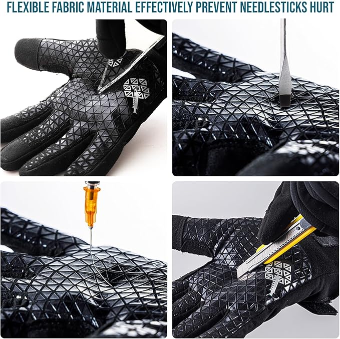 TAILI Level 3 Needle-resistant, Level 5 Puncture-resistant and A7 Cut-resistant Work Gloves, Grip Enhanced, Breathable, Touchscreen Gardening Gloves for Men, Black, Small (S), 2 Pairs
