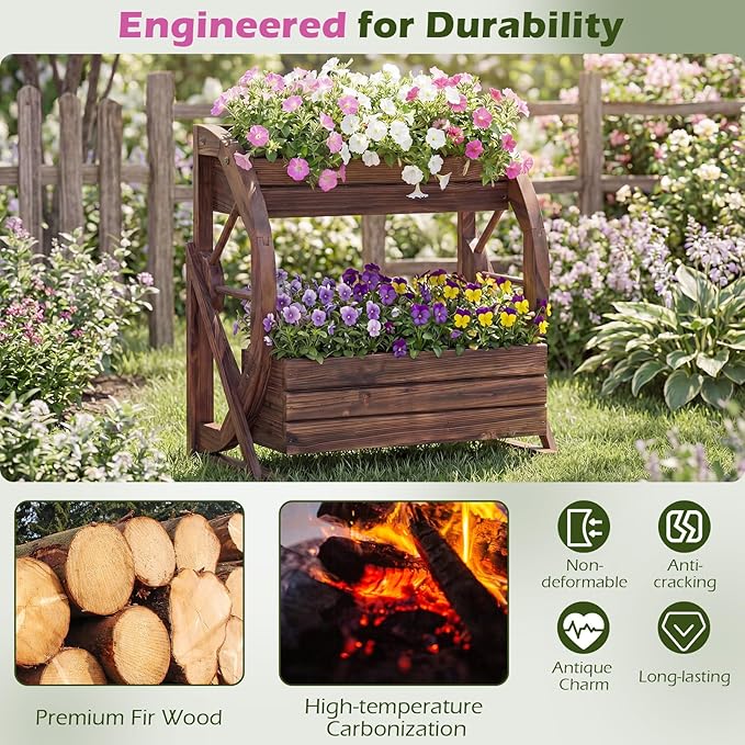 HAPPYGRILL 2-Tier Raised Garden Bed, Rustic Wood Wagon Planter Box with Drainage Holes & Semi-Wheels for Vegetables Herbs, Indoor Outdoor Decorative Flower Cart Pot Stand for Patio Yard Balcony (2)