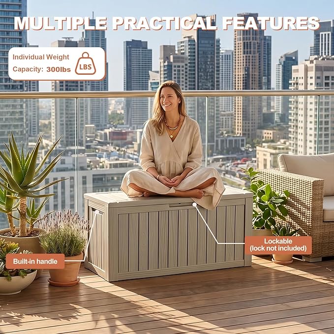 EFU Outdoor Storage Box 80 Gallon Deck Box (Indoor & Outdoor) Lockable UV Resistance Waterproof Resin Storage Bin Storage Box for Outdoor,Patio Storage With Support Rod(Taupe)