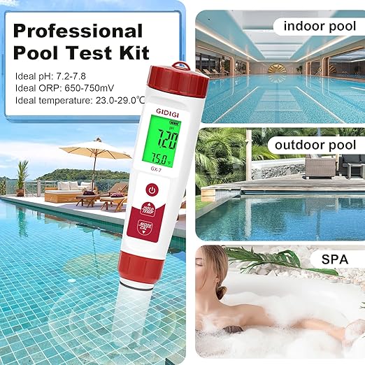 pH Meter Chlorine Tester Digital 7 in 1 Pool Water Tester Kit Salinity Tester for Saltwater Aquarium ORP Meter for Hydroponics Drinking Water Pool Water Tester pH and Chlorine for Pool Spa