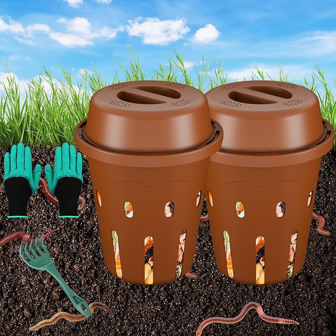 Inground Worm Composter, Mini Underground Worm Farm for Garden Beds, Outdoor Worm Compost Bin for Food Waste, Vermicomposting Bin for Beginners, Elderly, Children (7x7x7.4Inch), Tan, 2-Pack