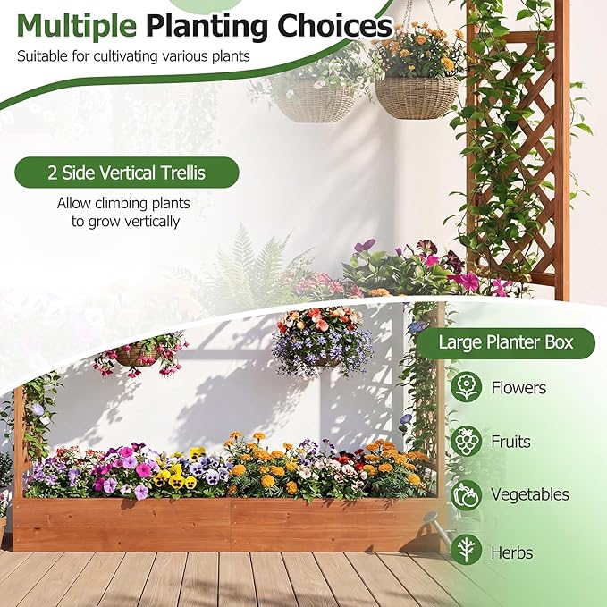 HAPPYGRILL Raised Garden Bed with Trellis, 2 Freestanding 45" Wood Planter Box w/Hanging Roof & 8 Drainage Holes for Climbing Plants Flowers, Outdoor Wood Elevated Garden Bed for Patio Yard,Orange