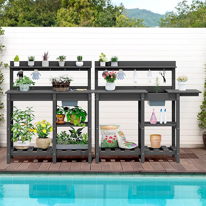 SERWALL Outdoor Potting Bench with Removeable Sink,Rot-Resistant HDPE Potting Table for Outside Gardening, All Weather Use - Gray