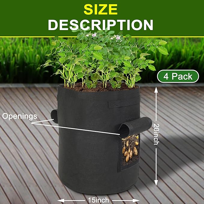 4-Pack 15-Gallon Grow Bags with 2 Flaps and Reinforced Handles,Non-Woven Potato Grow Bags, Heavy-Duty Thickened Aeration Fabric Pots for Potatoes, Tomatoes, Flowers, and Vegetables
