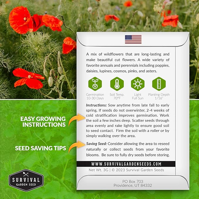 Survival Garden Seeds Cut Flowers & Wildflower Seed Mix for Planting – 1 Packet with Instructions to Grow Cut Flowers in Your Home Vegetable Garden – Non-GMO Heirloom Wildflower Seeds