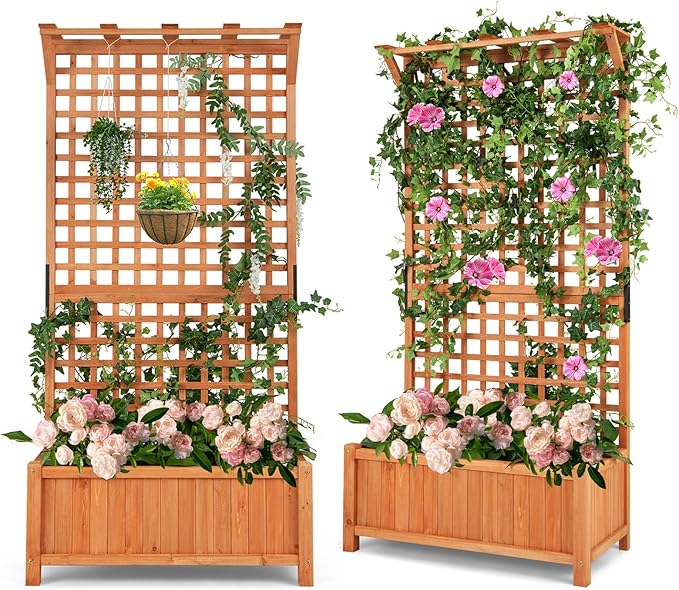 Wooden Planter Box with Trellis, 72.5” Freestanding Garden Planter w/Hanging Roof, 4 Drainage Holes & Lattice Panel, Raised Garden Bed with Trellis for Vine Climbing Plants Flowers (2)