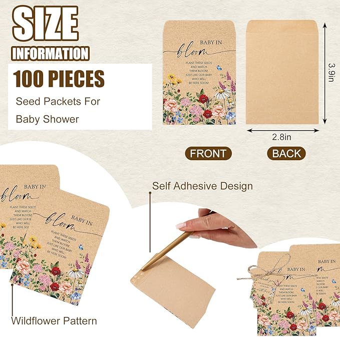 JarThenaAMCS 100Pcs Baby Shower Seed Packets Spring Wildflower Self Adhesive Kraft Envelopes with Thank You Tags Baby in Bloom Seed Storage Pockets for Garden Party Favors Supplies