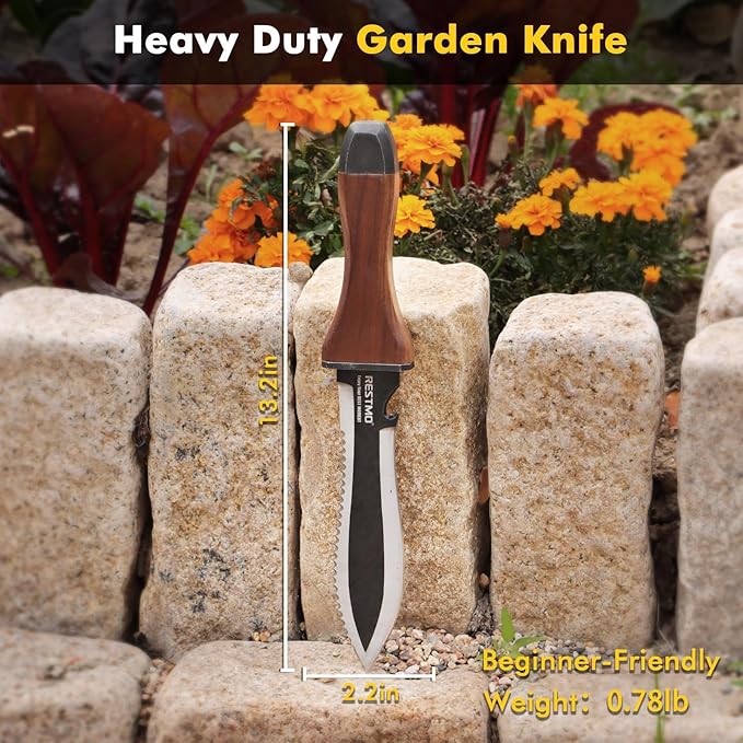 Restmo Hori Hori Garden Knife with Sheath, Durable Weeding and Planting Tool, High-Strength Stainless Steel Dual-Edge Blade, Ergonomic Walnut Handle for Gardening and Outdoor Use