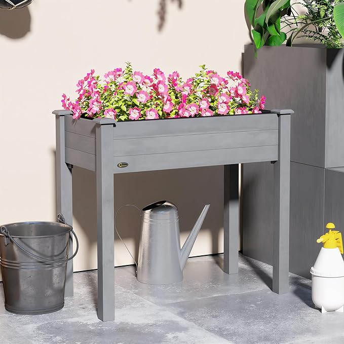 Outsunny Raised Garden Bed with Legs, 34" x 18" x 30", Elevated Wooden Planter Box, Self-Draining with Bed Liner for Vegetables, Herbs, and Flowers Backyard, Patio, Balcony Use, Dark Gray