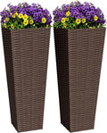 Greesum 24 Inch Tall Plastic Planters with Rattan Texture – Set of 2, Detachable Inner Pot & Drainage Holes, Indoor/Outdoor Decorative Flower Pots for Large Plants, Trees, Patio, and Garden, Brown