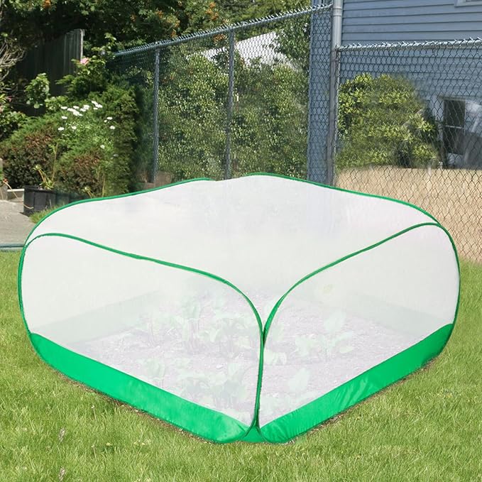 Pop Up Garden Netting for Square Raised Beds - 3.3'L x 3.3'W x 1.65'H Ultra Fine Mesh Net Plant Cover with 4 Stakes, Protection for Vegetables Fruit from Birds Pests