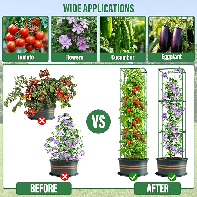 Square Tomato Cages for Garden: 3 Pack Heavy Duty Tomatoes Trellis - 48.5in Adjustable Height Tomato Plant Support cage for Flowers, Fruits, Vegetable
