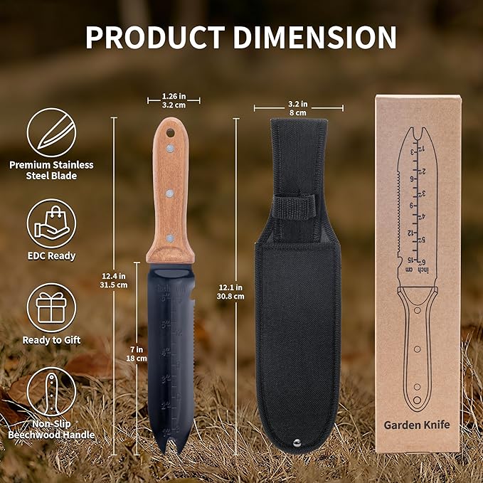 YANG Hori Hori Garden Knife, 7" Stainless Steel Gardening Knife with Oxford Cloth Sheath, Full Tang Beechwood Handle Garden Tool for Dividing Plants & Weeding, Forked Tip for Transplanting