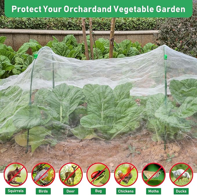 Garden Netting Kit - 10*50FT Ultra Fine Plant Netting Mesh Covers Row Net Protection For Tree Fruit Barrier Vegetable Fruits Flowers Shrubs Plant Covers (6 Pcs Garden Hoops & 18 Clips)