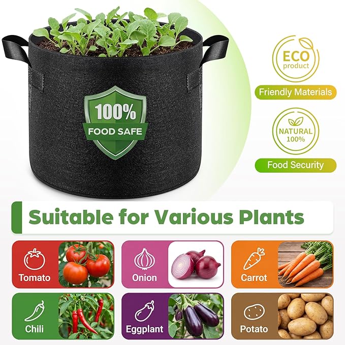 Songrey Grow Bags 5 Gallon 5 Pack, Thickened Nonwoven Fabric Pots with Handles, Heavy Duty Garden Planter for Tomato, Vegetables and Flower