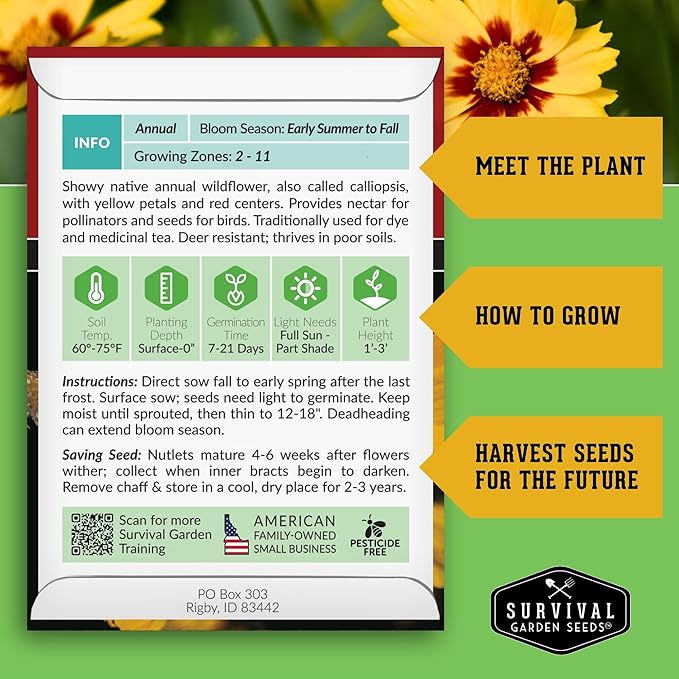 Survival Garden Seeds - Plains Coreopsis Seeds for Planting | Native Wildflower Coreopsis Tinctoria | Pollinator Support | Calliopsis - 1 Pack