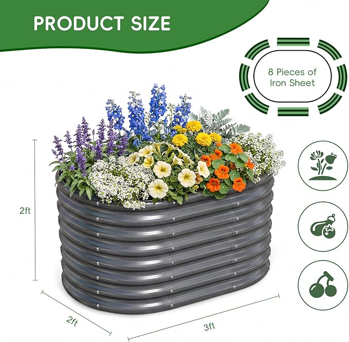 AHEONLAR 3PCS 3x2x2ft Galvanized Raised Garden Beds Outdoor, Oval Raised Beds for Gardening Metal Planter Boxes for Planting Vegetables, Fruit, Herb, Gray